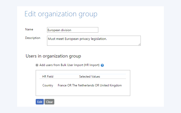 Edit organisation group: members defined by the HR field Country
