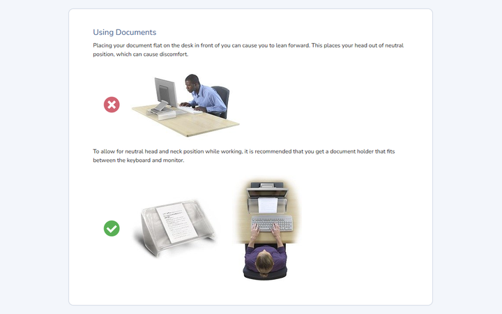 Risk report recommendation 'Using documents': avoid documents flat on the desk; use a document holder between keyboard and monitor