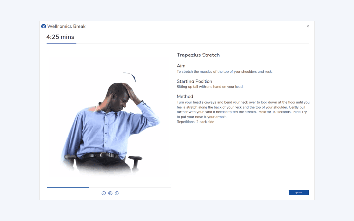 Wellnomics break window guiding a trapezius stretch