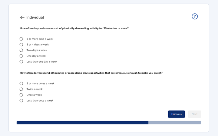 Individual factors assessment questions about physical activity