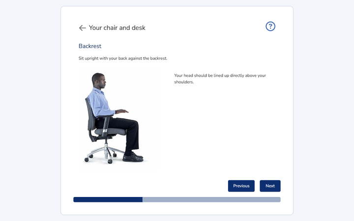 Ergonomics training lesson 'Your chair and desk: Backrest', showing correct seated posture