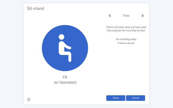 Sit-stand window in the Wellnomics App: current posture, F8 or Spacebar to switch, and today's standing time