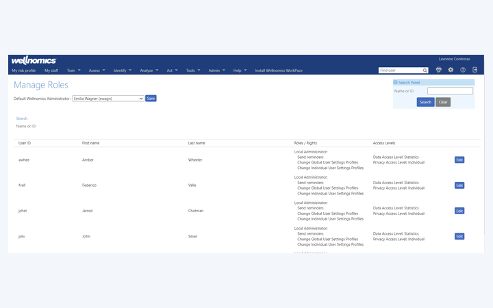 Manage Roles screen listing users with their roles, rights and access levels